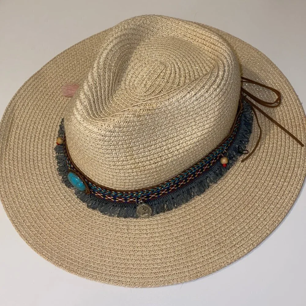 Turquoise Beaded Fringe Straw Sun Hat